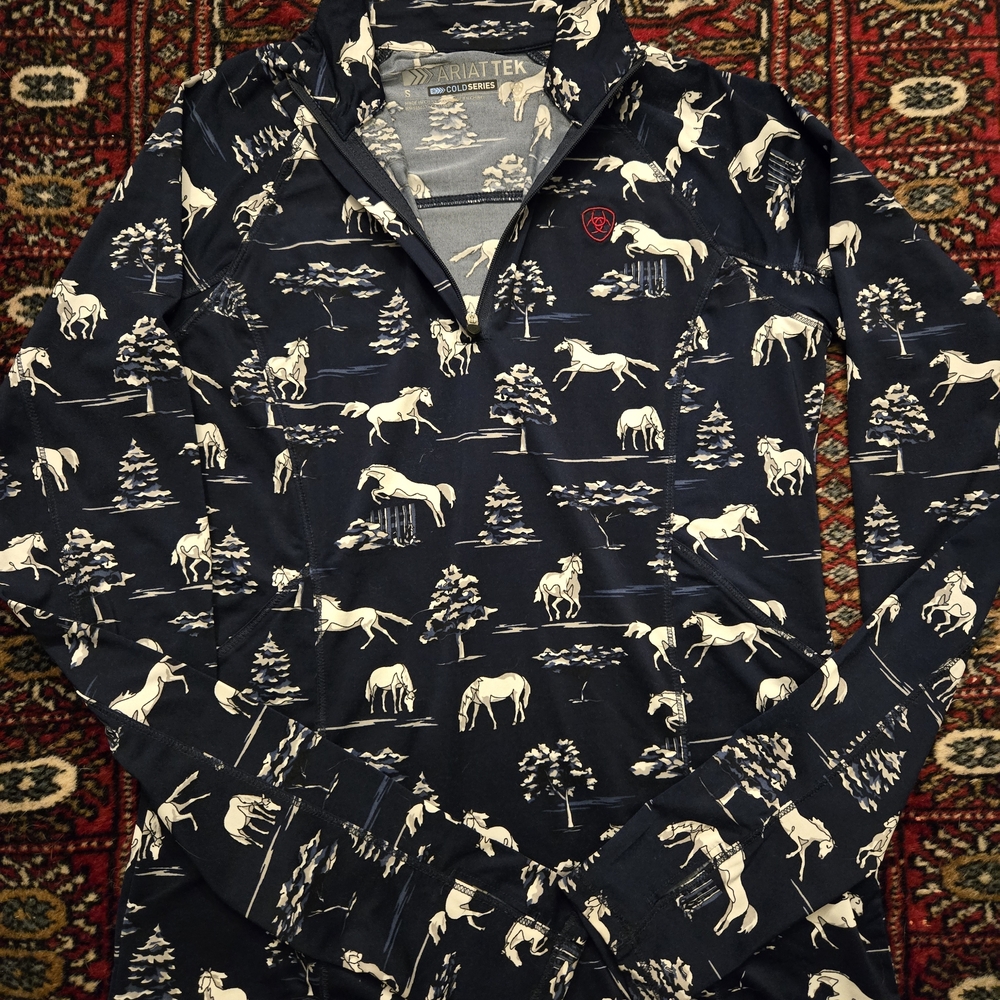 Ariat Navy and White Horse Print Quarter Zip- Small